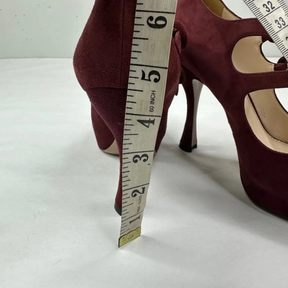 Prada Burgundy Suede Double Strap Mary Jane Peep Toe Platform‎ Heels Size 37.5